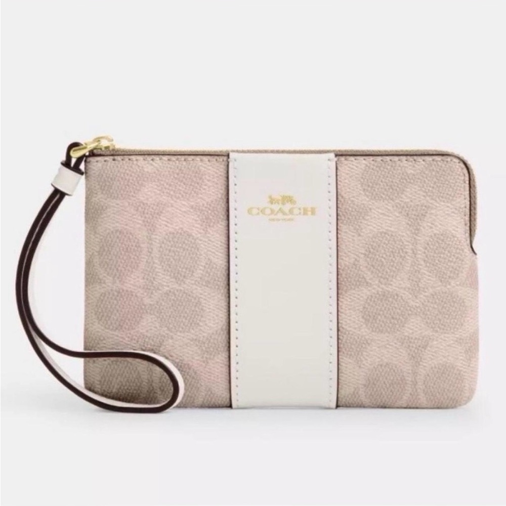 Coach Tan Signature Canvas Wristlet with Chalk Center Stripe